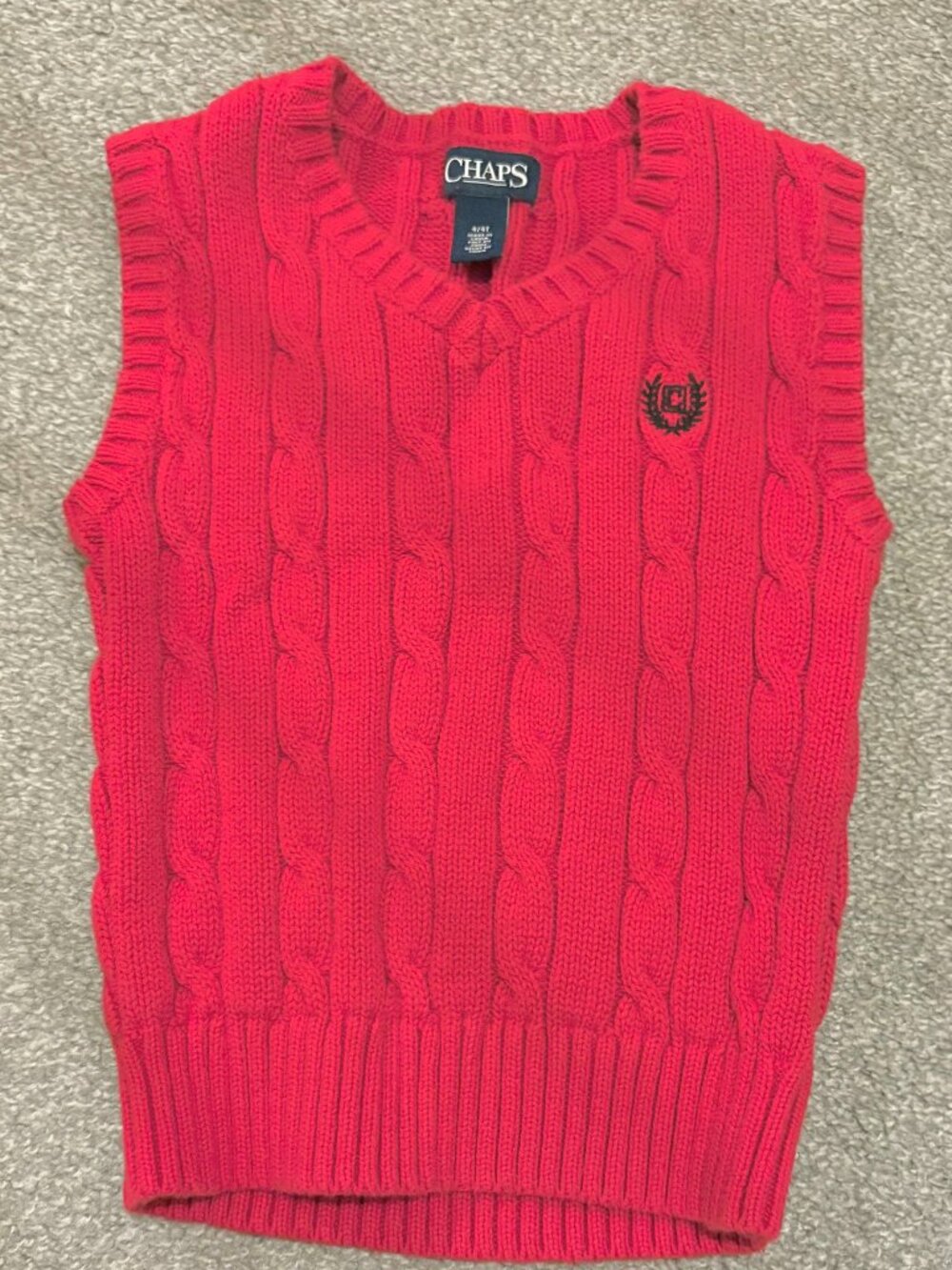 Chaps Boys Red Cable Knit Sweater Vest Size 4/4T V-Neck Holiday Christmas